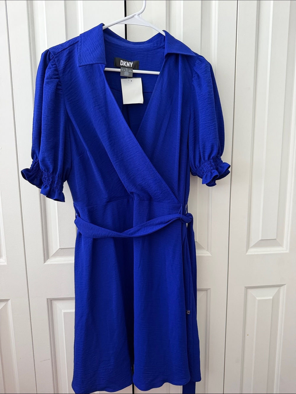 DKNY Royal Blue Wrap Midi Dress with Puff Sleeves